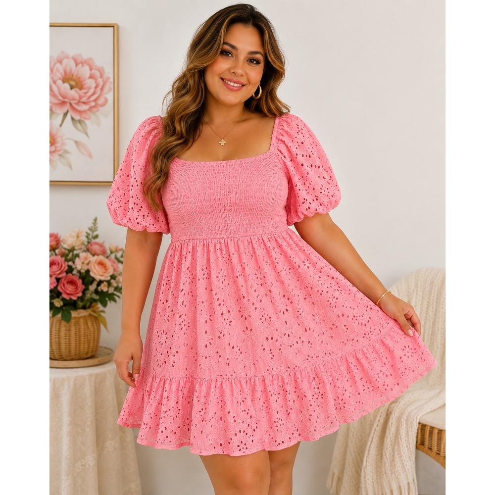 Simplee Plus 2XL Pink Eyelet Puff Sleeve Smocked Babydoll Mini Dress‎ NWT